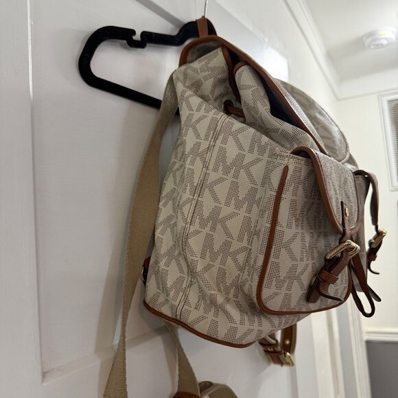 Michael Kors Monogram Canvas Backpack With Leather Trim & Gold Accents - Picture 3 of 12